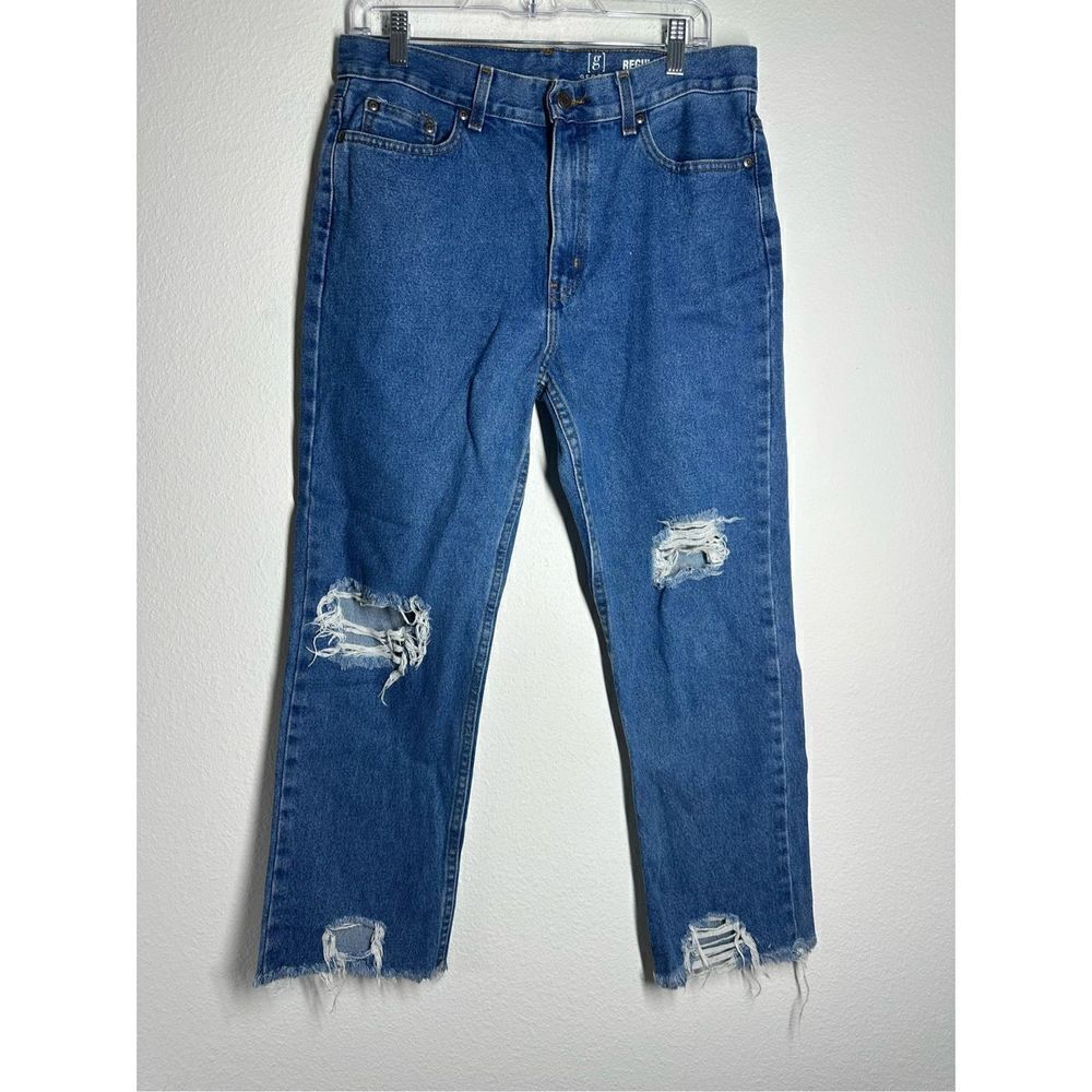 George Mens Regular Jeans Cropped Blue Denim Distressed 31X26 Frayed Hem Pockets
